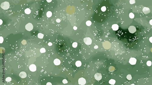 Watercolor green background featuring scattered white and light green polka dots pattern. Watercolor green background with scattered polka dots texture