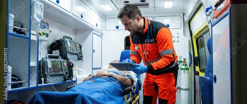 Paramedic using digital tablet while monitoring patient inside ambulance. Concept of emergency response workflow, mobile healthcare documentation, and ambulance interior operations. Banner