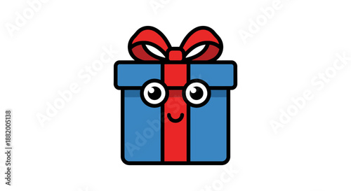 A colorful cartoon gift box with a smiling face and a red ribbon on a white background