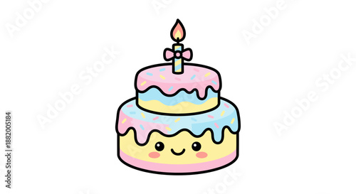 A colorful cartoon illustration of a two-tiered birthday cake with a lit candle on top