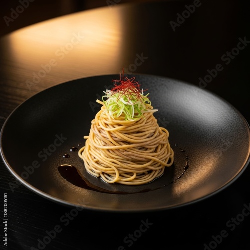Artistic Soba Noodles Stacked High with Green Scallions and Red Chili Threads