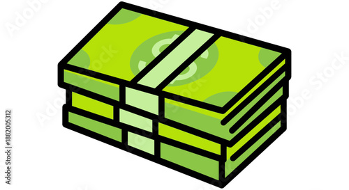 A vector graphic illustration of a stack of money bills with a black outline