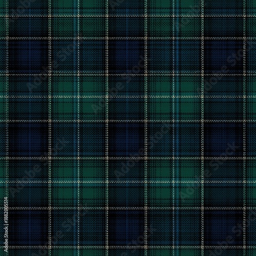 Close-up view of a traditional tartan pattern in shades of green, blue, and tan, forming a classic plaid design