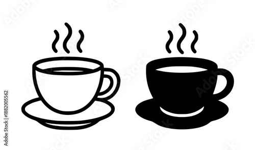 Drink icon, illustration of a cup of coffee in outline and silhouette style