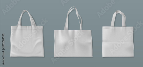 White cotton tote bag mockup with handles and pocket. Blank canvas shopper template for eco friendly branding. Realistic reusable fabric totebag vector illustration mock up for retail design.