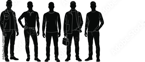 A group of five men standing in a row, shown as black silhouettes against a white background