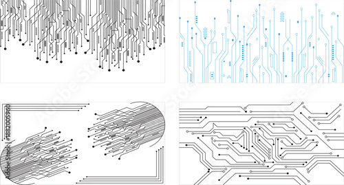 Set of four tech-themed posters with abstract designs. modern style, tech focus. Advanced technology template vector set.