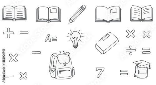 Collection of Black and White Outline Illustrations of Educational Symbols and School Supplies for Learning