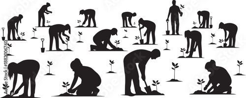 Silhouette vector illustration of people planting trees on transparent background, eco concept