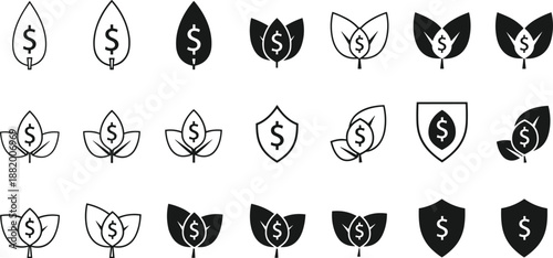 Eco finance leaf and shield icon set representing sustainable investment, green money, environmental protection, and ethical business growth concepts