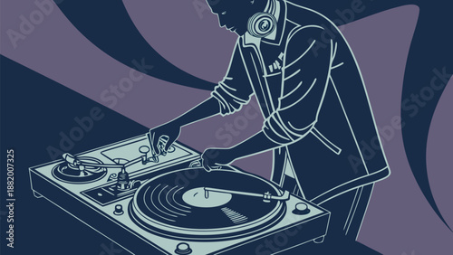DJ mixing music on turntable with headphones on