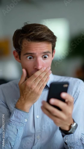 A young man covering his mouth in surprise while looking at his phone.