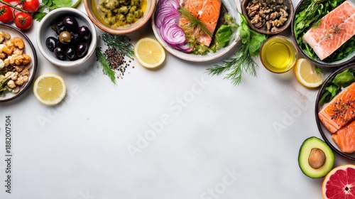 Assortment of healthy food dishes. Top view. Free space for your text.
