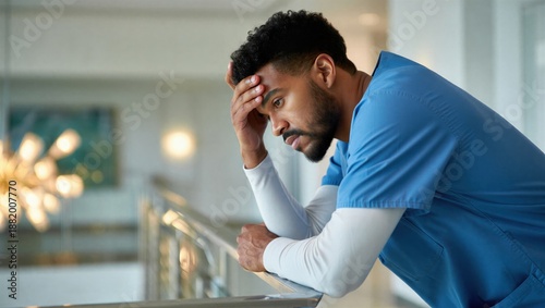 A male nurse in blue scrubs appears stressed while leaning on a railing, gazing out a window in a modern healthcare setting. Healthcare worker emotions.