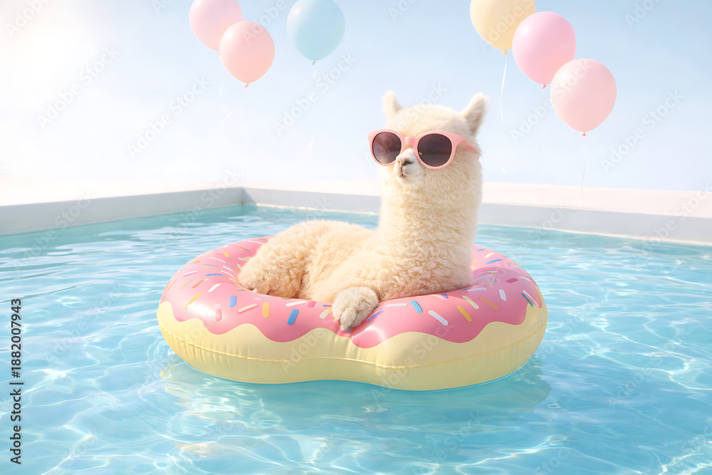 Obraz premium Adorable llama lounging on donut float in pool with balloons