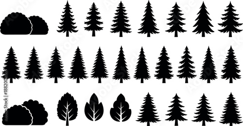 Black Silhouette Collection of Coniferous Pine Trees Evergreen Fir Spruce Forest Icons Deciduous Leaves and Bush Elements for Nature Landscape Design