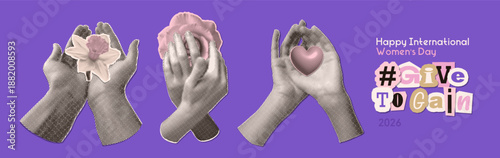 Set of Give to gain halftone collage with cupped woman hands holding flowers and heart. Givetogain campaign for womens day 2026. IWD2026. Vector vintage paper stickers in violet bg