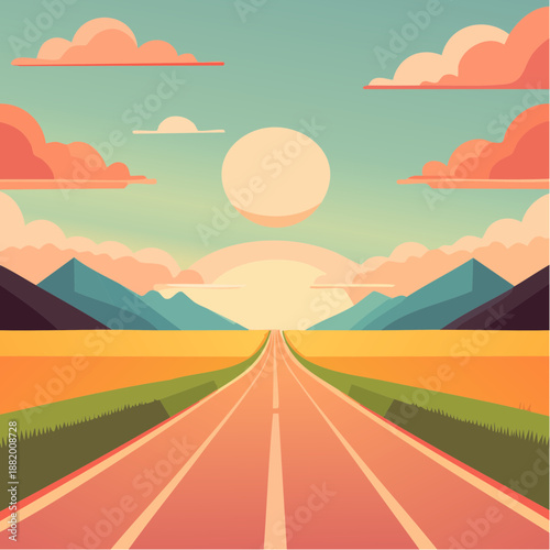 Route droite au lever du soleil dans paysage coloré onirique