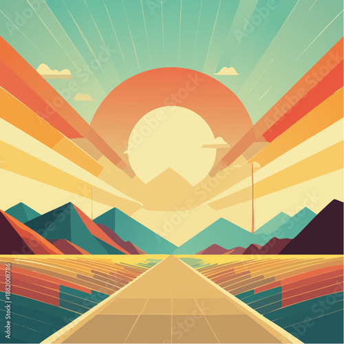 Route droite au lever du soleil dans paysage coloré onirique