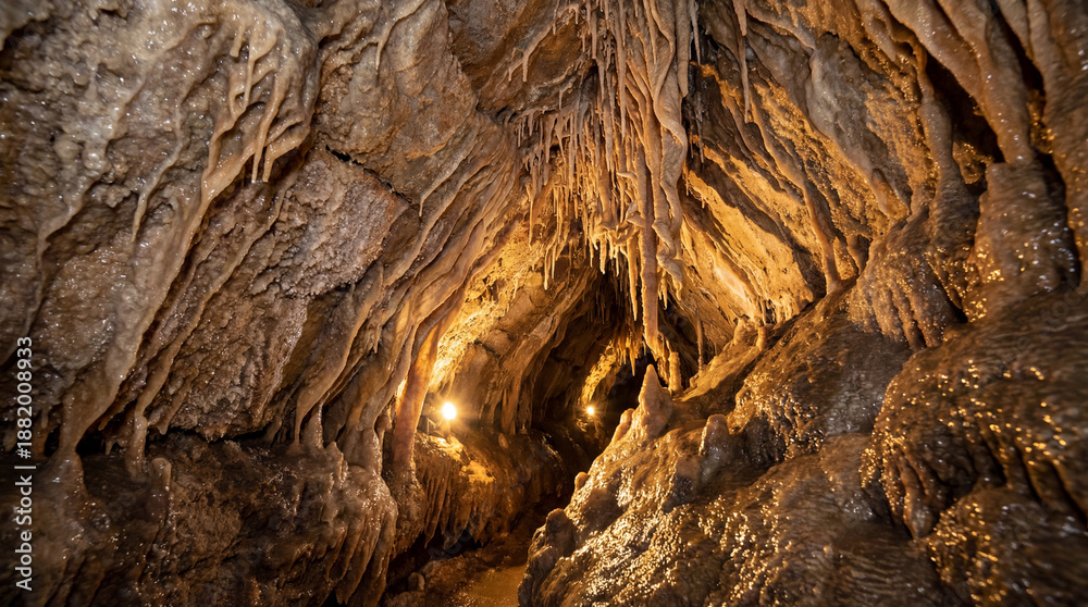 Obraz premium Golden Limestone Cave Interior With Stalactites And Sun Beams