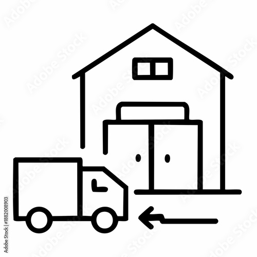 Icône entrepôt et camion de livraison en ligne noire