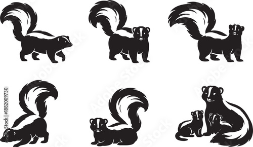 Skunk Silhouette Pose Set Bushy Tail and Bold Markings