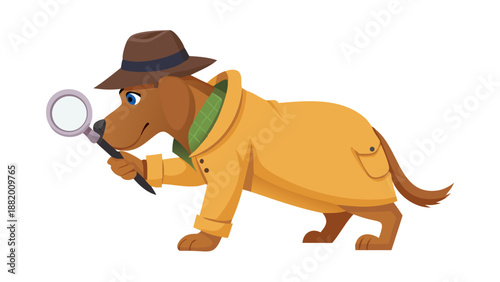 A brown detective dog wearing a classic trench coat and a hat, holding a large magnifying glass to the ground.