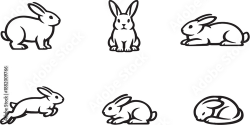 Rabbit pose variation black and white line art eps