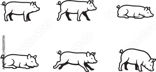Pig action black and white line art icon set