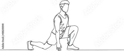 A man in a lunge position, stretching his leg muscles in a simple line drawing.
