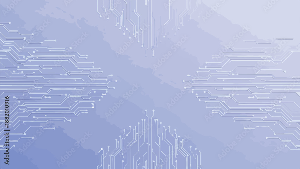 Fototapeta premium Abstract digital circuit board pattern with intricate white lines on a subtle blue-purple gradient background, representing technology, data, and connectivity.
