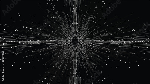 Abstract digital art, a black hole vortex with light particles exploding outwards on a dark background