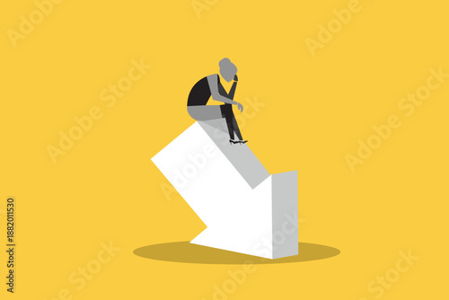 Business and financial crisis vector concept with business woman sitting on arrow falling down. Symbol of market crash, recession, risk, bankruptcy and loss. Eps10 illustration