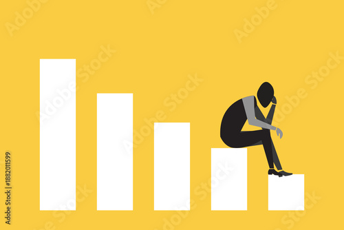 Depressed business woman sitting alone on a descending graph. concept of Business failure, work mistake, shame, bankruptcy or failed businessman