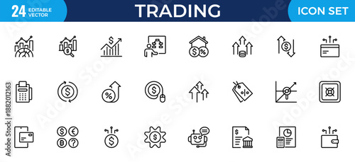Trading Outline Icon Set – Banking and Finance Thin Line Icons Collection Including Bank, Currency Exchange, Cheque, Security Guard, Money Transfer and Loan, Modern Vector Illustration