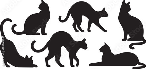 Black cat silhouettes in various poses,. silhouette vector illustration with white background.