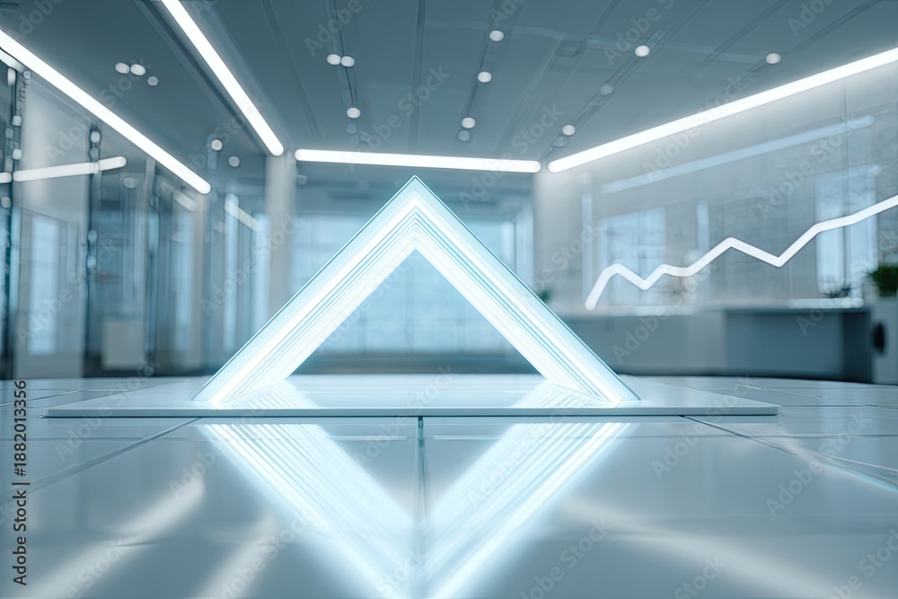 Obraz premium Glowing geometric structure illuminates modern office space with a futuristic, abstract aesthetic