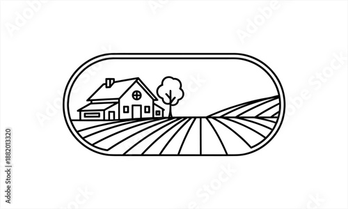 Monoline illustration of a charming farmhouse nestled in a vast field.
