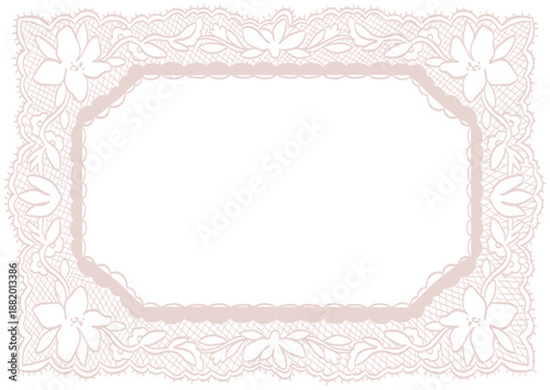 Isolated white whimsical frame doilies decorated with lace floral ornament. Horizontal shape border with vintage victorian elegance. Crochet, whimsy element for scrapbooking, wedding invitation cards.