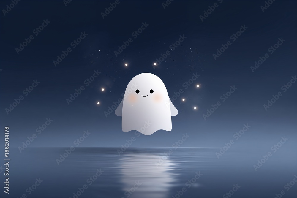 Obraz premium Cute glowing ghost floating over water at night