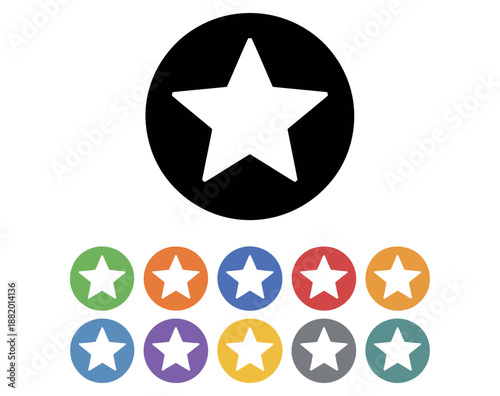 Colorful collection of star icons in circles for ratings and favorite indications vector.