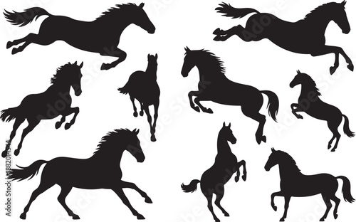 Set of silhouette of horses. Isolated black silhouette of galloping, jumping running, trotting, rearing horse. silhouette vector illustration with white background.