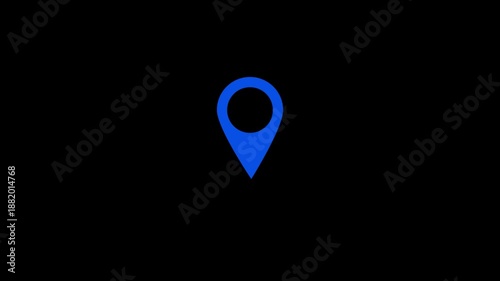 Simple, clean, and modern blue location pin icon on black transparent background, perfect for maps, navigation apps, websites, travels and more. GPS location pointer motion video