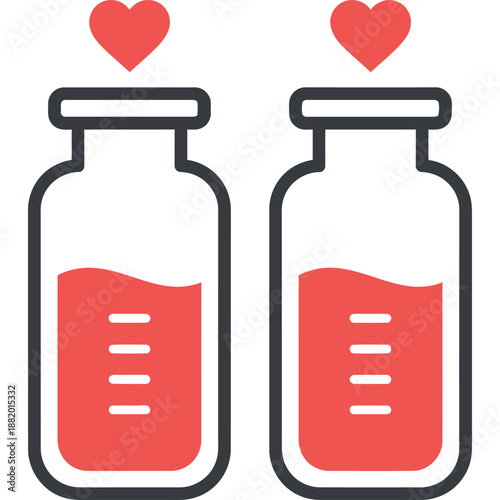 Blood Donation Icon with Hearts - Love and Care Symbolized by Blood Collection Bottles