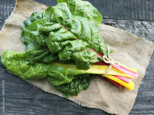 Vibrant Rainbow Swiss Chard on Rustic Wood and Burlap