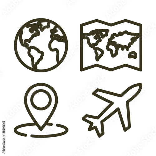 Global Travel and Exploration Icons - Earth, Map, Pin and Airplane