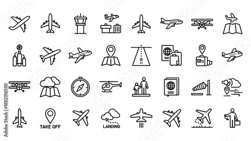 Airplane icons and travel symbols.