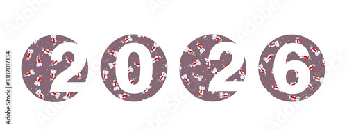 2026 visualization, seasonal backgrounds. Abstract and modern banner. Theme elements, winter fun fragments, snowman in a bubble, centered numbers, purple colors