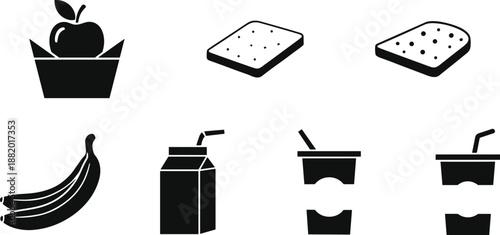 A collection of simple, black and white vector icons representing common food and drink items.