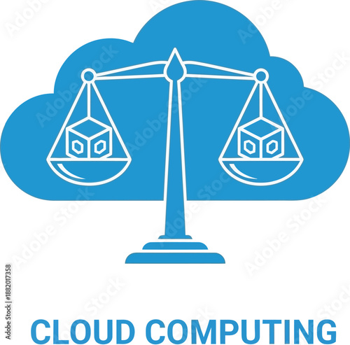 Cloud computing balance scale illustration depicting data equilibrium in a digital environment from a straightforward viewpoint